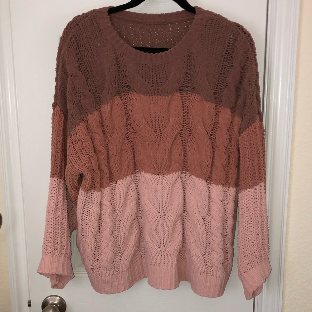 Chunky Oversized Pink Brown Knit Cozy Sweater M